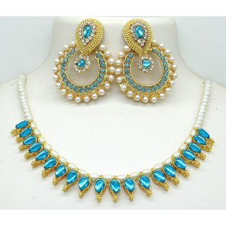                       Sky blue kundan pearl polki necklace set                                              