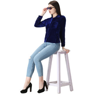                       women regular fit blue velvet shirt                                              