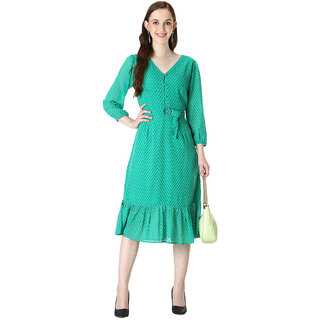                       Women Fit And Flare  Calf Length Green   Dress                                              