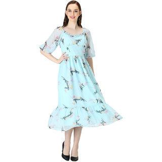                       Women Fit And Flare Calf Length Printed  Dress                                              