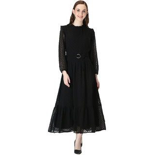                       Women Fit And Flare Ankel Length Black Chiffon Buta  Dress                                              
