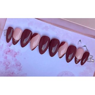 Pink maroon nails superior quality easy to use nails with 2 gm glue and mini filer (pack of 12 nails )