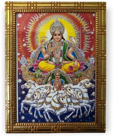 Sunshine Art God Lord Surya With 7 Horses Multicolour Photo Frame With Sparkle Finishing For Home Decor  Wall Hanging