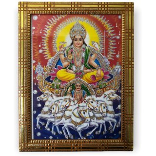 Sunshine Art God Lord Surya With 7 Horses Multicolour Photo Frame With Sparkle Finishing For Home Decor  Wall Hanging