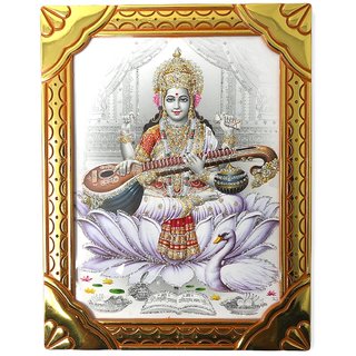 Reprokart Maa Saraswati-Sitar And Hans Golden Photo Frame With Sparkle Work For Puja Room Or Wall Mount ( 8x6 inches)