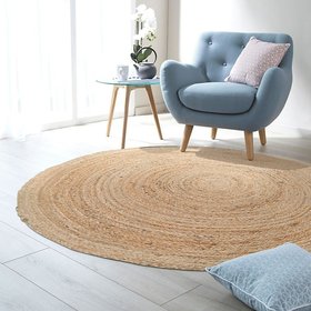 Hand Made Carpet Natural Jute Fiber Braided Round Reversible Floor Carpet (100cm, 3.4 feet Round Beige Carpet)
