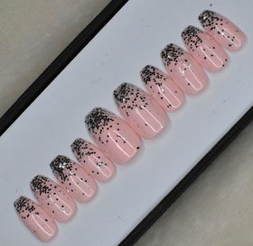 Glossy light pink glitter ombre press on nails set in cofin light pink with 2 gm glue and mini filer (pack of 12 nails )