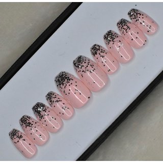 Glossy light pink glitter ombre press on nails set in cofin light pink with 2 gm glue and mini filer (pack of 12 nails )