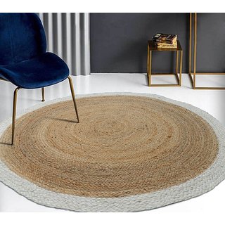 Floor Carpet Hand Made Natural Jute Fiber Braided Round Reversible Floor Carpet (100cm, 3.4 feet Round Beige/White Floor
