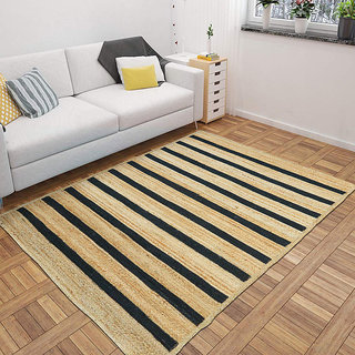 Floor Carpet Hand Made Braided Jute Carpet Beige Black (120 cm x180 cm, 4 ft. x 6 ft.) Striped Carpet with Reversible Ec