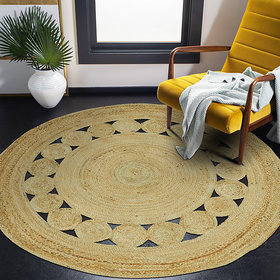 Hand Made Floor Carpet  Braided Jute Round Natural Reversible Carpet (150 cm, 5' feet Round Beige Carpet)Solid High Qual