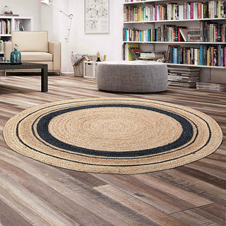 Hand Made FloorCarpets Jute Braided Round Reversible Natural Fiber Carpet (100cm, 3.4 feet Round Beige and Black Carpet)