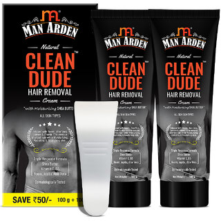Man Arden Natural Clean Dude Hair Removal Cream For Men, All Skin Types, Triple Response Formula, 200g