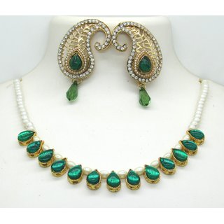                       Green Drop pearl Kundan Necklace set SMCN1372                                              