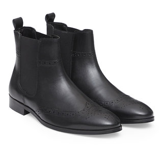 Genuine Leather Black Wingtip Chelsea Boots