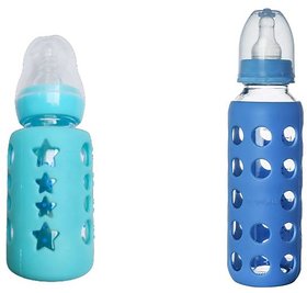 Aurapuro baby feeding glass bottle combo of 120ml  240ml  (multicolor)