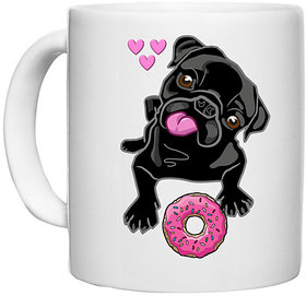 UDNAG White Ceramic Coffee / Tea Mug 'Pug & Doughnut | Black Pug with Pink Doughnut' Perfect for Gifting [330ml]