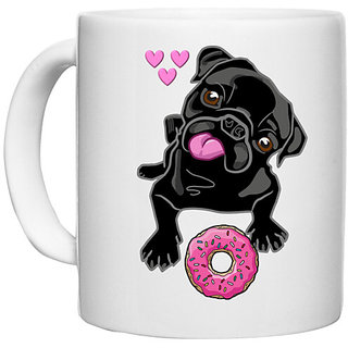UDNAG White Ceramic Coffee / Tea Mug 'Pug & Doughnut | Black Pug with Pink Doughnut' Perfect for Gifting [330ml]