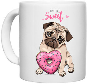 UDNAG White Ceramic Coffee / Tea Mug 'Pug & Doughnut | Pug with Pink Heart Doughnut' Perfect for Gifting [330ml]