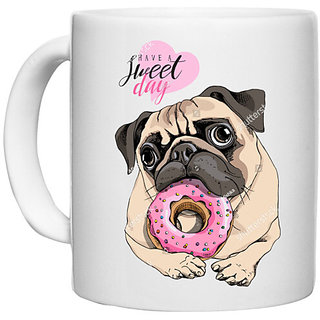 UDNAG White Ceramic Coffee / Tea Mug 'Pug & Doughnut | Pug with Pink Round Doughnut' Perfect for Gifting [330ml]
