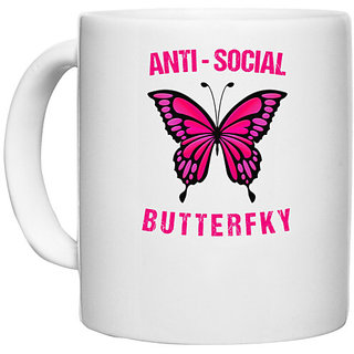                       UDNAG White Ceramic Coffee / Tea Mug 'Butterfly | Anti Social butterfly' Perfect for Gifting [330ml]                                              