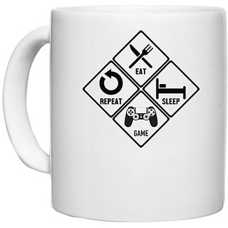                       UDNAG White Ceramic Coffee / Tea Mug 'Life cycle | Eat Sleep Game Repeat' Perfect for Gifting [330ml]                                              