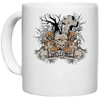                       UDNAG White Ceramic Coffee / Tea Mug 'Death | Welcome death' Perfect for Gifting [330ml]                                              