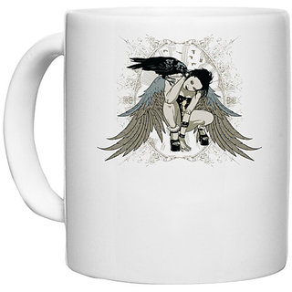                       UDNAG White Ceramic Coffee / Tea Mug 'Death | Crow and fairy queen' Perfect for Gifting [330ml]                                              