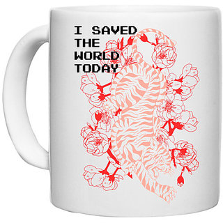                       UDNAG White Ceramic Coffee / Tea Mug 'I save the world today' Perfect for Gifting [330ml]                                              