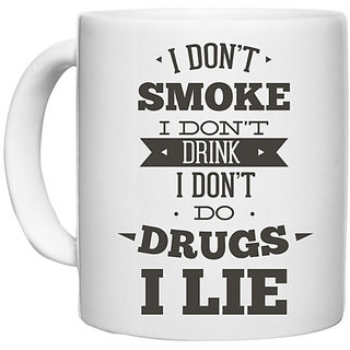                       UDNAG White Ceramic Coffee / Tea Mug 'Lie | I don't smoke, i don't drink, i don't do I lie' Perfect for Gifting [330ml]                                              