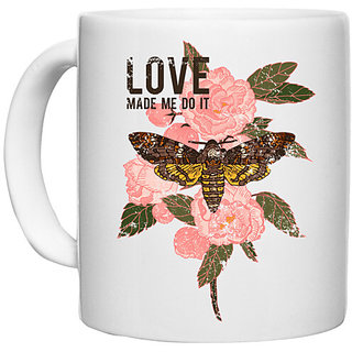                       UDNAG White Ceramic Coffee / Tea Mug 'Flower | Love made me do it, moth and rose' Perfect for Gifting [330ml]                                              