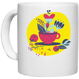                       UDNAG White Ceramic Coffee / Tea Mug 'Flowers | Flower pot' Perfect for Gifting [330ml]                                              