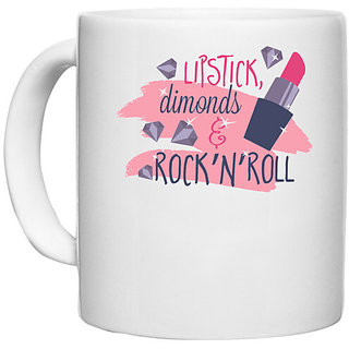                       UDNAG White Ceramic Coffee / Tea Mug 'Makeup | lipstick Diamond and rock n roll' Perfect for Gifting [330ml]                                              
