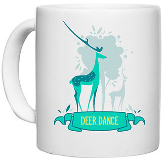                       UDNAG White Ceramic Coffee / Tea Mug 'Deer dance' Perfect for Gifting [330ml]                                              
