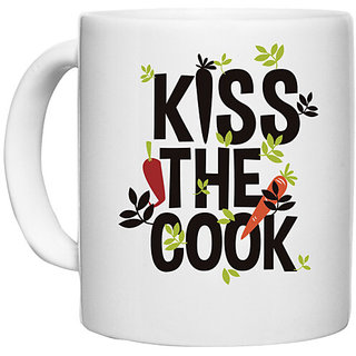                       UDNAG White Ceramic Coffee / Tea Mug 'Cook | Kiss the cook' Perfect for Gifting [330ml]                                              
