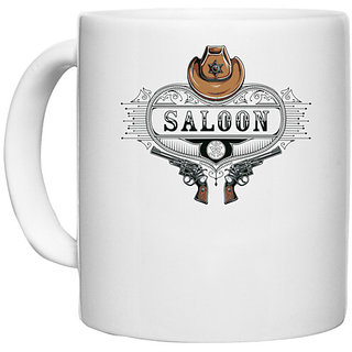                       UDNAG White Ceramic Coffee / Tea Mug 'Death | Hat Gun Saloon' Perfect for Gifting [330ml]                                              
