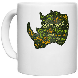                       UDNAG White Ceramic Coffee / Tea Mug 'Weak and Strength' Perfect for Gifting [330ml]                                              