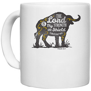                       UDNAG White Ceramic Coffee / Tea Mug 'The Lord | The lord is my strength and shield' Perfect for Gifting [330ml]                                              