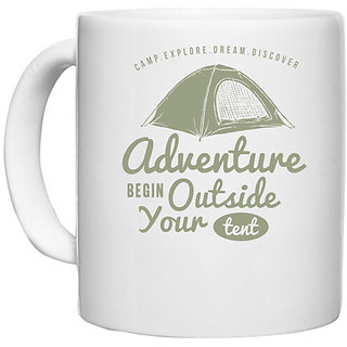                      UDNAG White Ceramic Coffee / Tea Mug 'Adventure | Adventure begins outside the tent' Perfect for Gifting [330ml]                                              