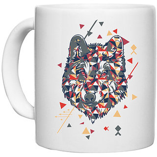                       UDNAG White Ceramic Coffee / Tea Mug 'Triangles wolf head' Perfect for Gifting [330ml]                                              