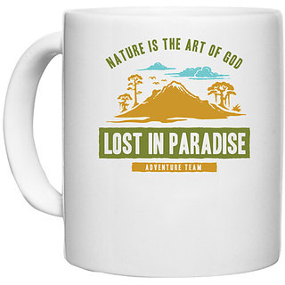                       UDNAG White Ceramic Coffee / Tea Mug 'Adventure And lost in Paradise' Perfect for Gifting [330ml]                                              