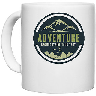                       UDNAG White Ceramic Coffee / Tea Mug 'Mountain and adventure' Perfect for Gifting [330ml]                                              