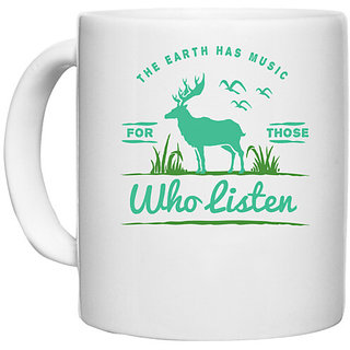                       UDNAG White Ceramic Coffee / Tea Mug 'Deer and Earth' Perfect for Gifting [330ml]                                              