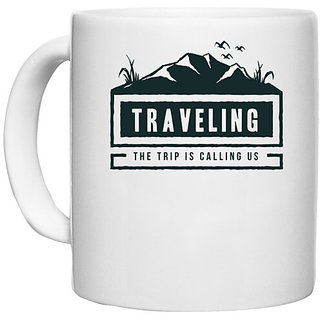                       UDNAG White Ceramic Coffee / Tea Mug 'Mountain travelling' Perfect for Gifting [330ml]                                              