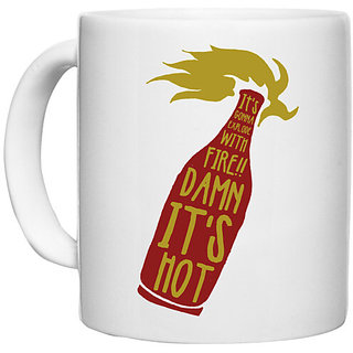                       UDNAG White Ceramic Coffee / Tea Mug 'Fire damn its hot' Perfect for Gifting [330ml]                                              