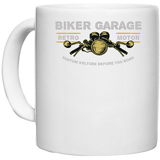                      UDNAG White Ceramic Coffee / Tea Mug 'Bike garrage and retro motor' Perfect for Gifting [330ml]                                              
