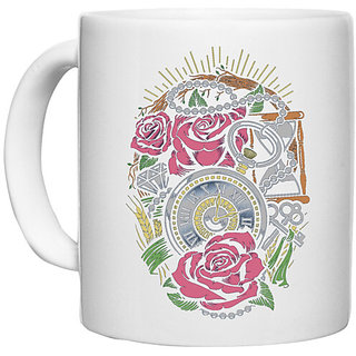                       UDNAG White Ceramic Coffee / Tea Mug 'Illustration | rose, clock, key' Perfect for Gifting [330ml]                                              