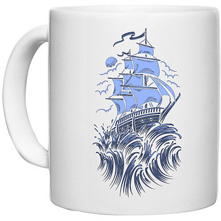                       UDNAG White Ceramic Coffee / Tea Mug 'Illustration | Ship' Perfect for Gifting [330ml]                                              
