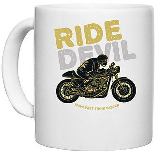                       UDNAG White Ceramic Coffee / Tea Mug 'Ride Devil' Perfect for Gifting [330ml]                                              