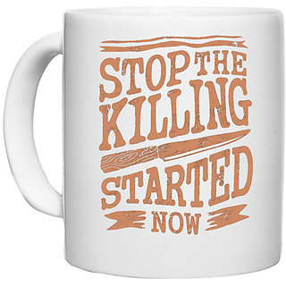                       UDNAG White Ceramic Coffee / Tea Mug 'Death | Stop the killing started now' Perfect for Gifting [330ml]                                              
